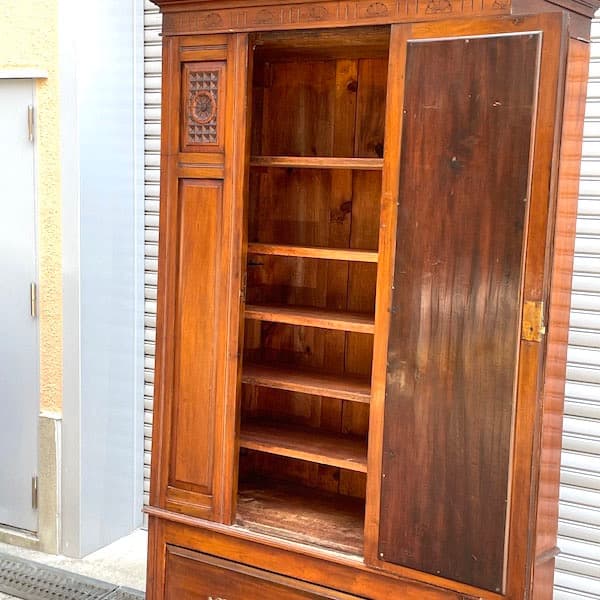 アンティーク　ミラー付きキャビネット　タンス　ワードローブ　大型　本棚