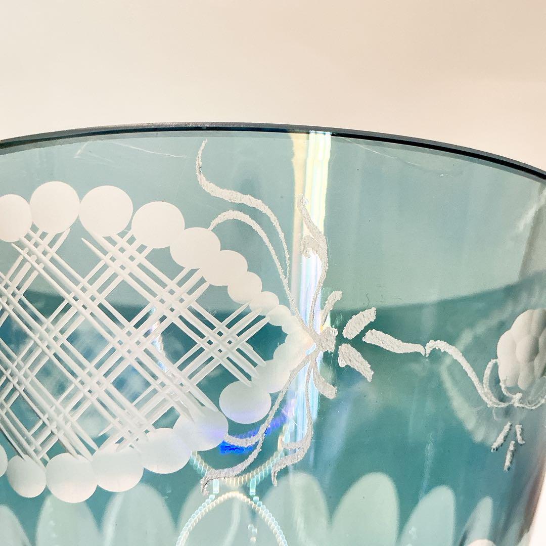 イタリア製　クリスタル　ガラス　アンティーク　脚付　24金　切子　ブルー