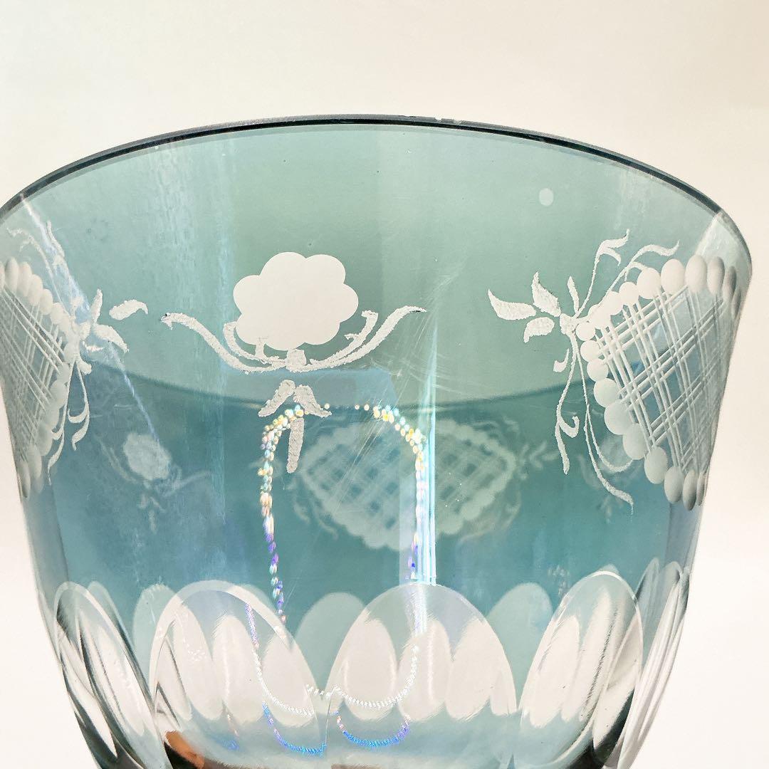 イタリア製　クリスタル　ガラス　アンティーク　脚付　24金　切子　ブルー