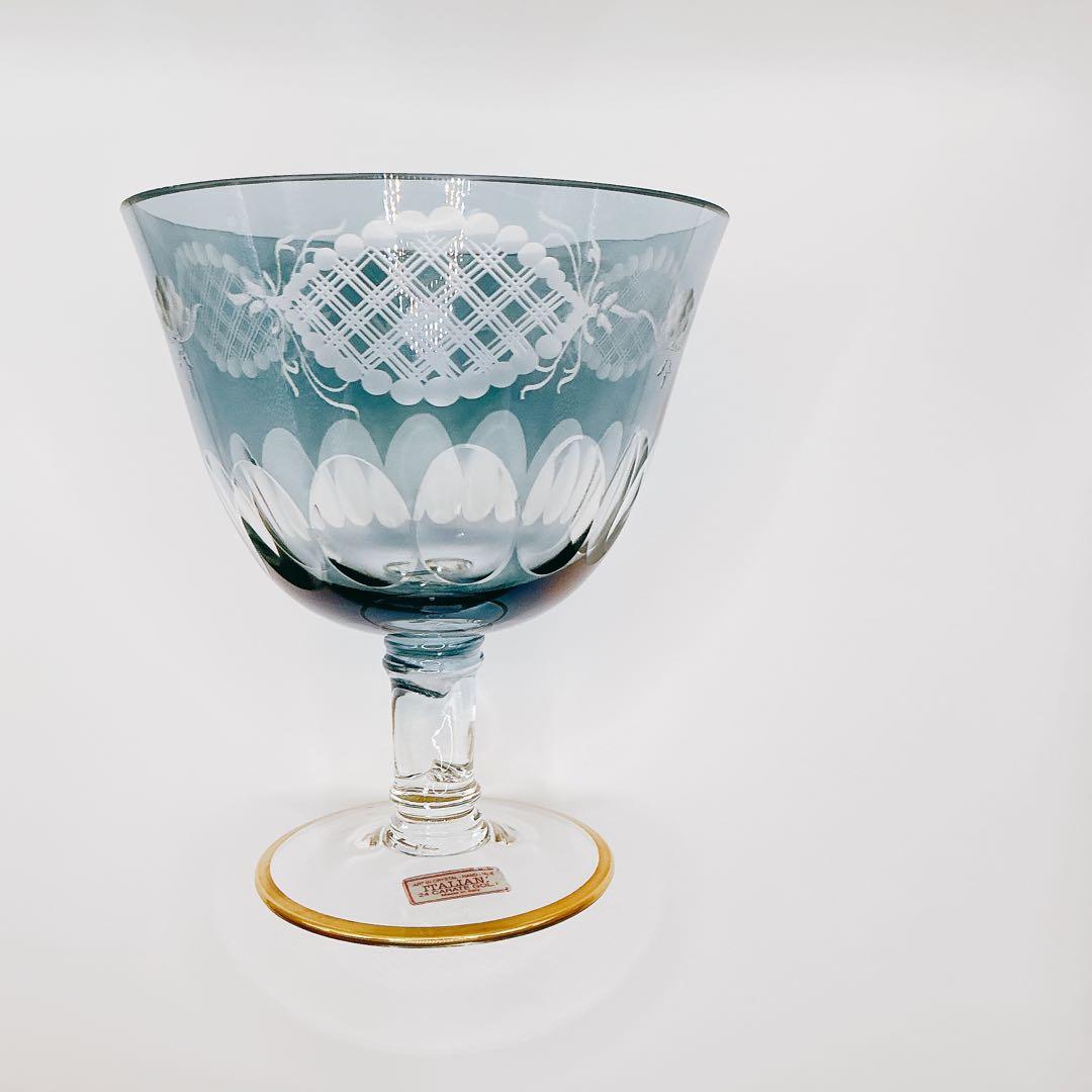 イタリア製　クリスタル　ガラス　アンティーク　脚付　24金　切子　ブルー