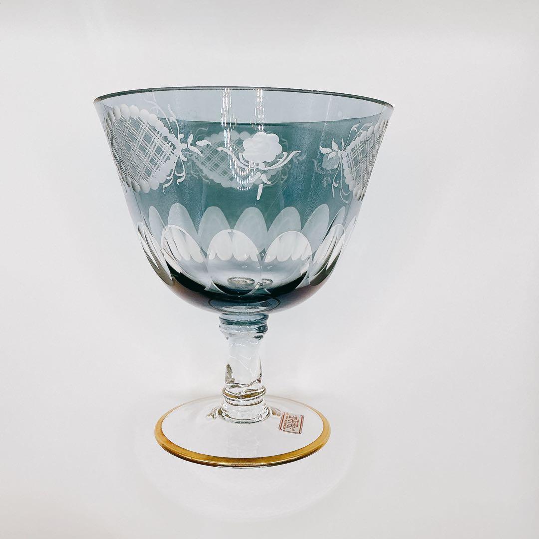 イタリア製　クリスタル　ガラス　アンティーク　脚付　24金　切子　ブルー