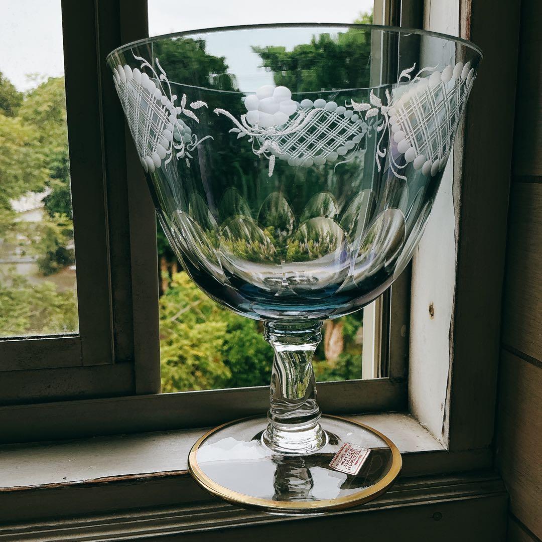 イタリア製　クリスタル　ガラス　アンティーク　脚付　24金　切子　ブルー