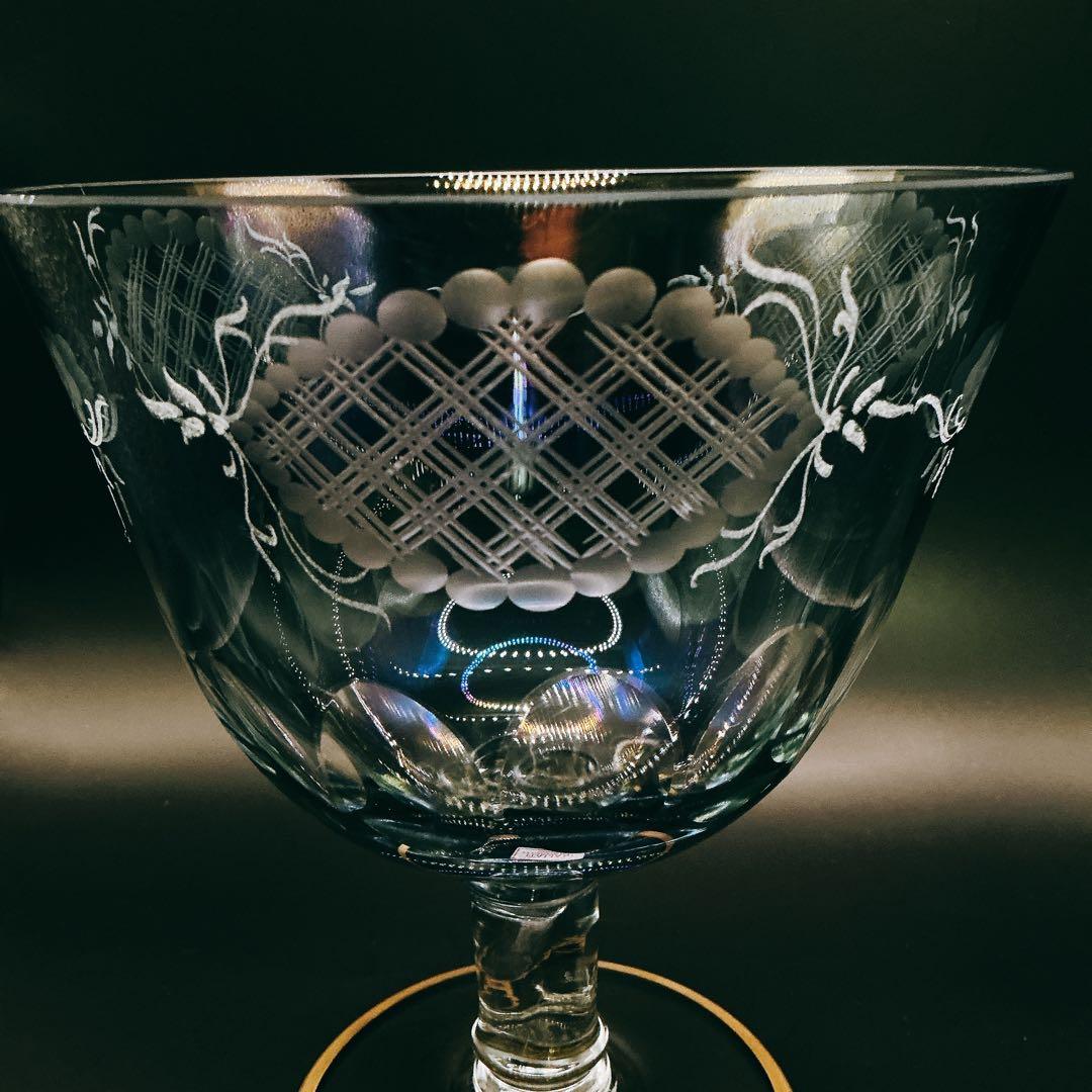 イタリア製　クリスタル　ガラス　アンティーク　脚付　24金　切子　ブルー