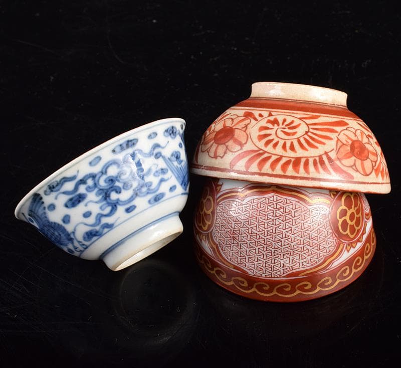 えびいち　大日本永楽造染付鳳凰文　赤絵人物文など　盃　3点　V　R3833