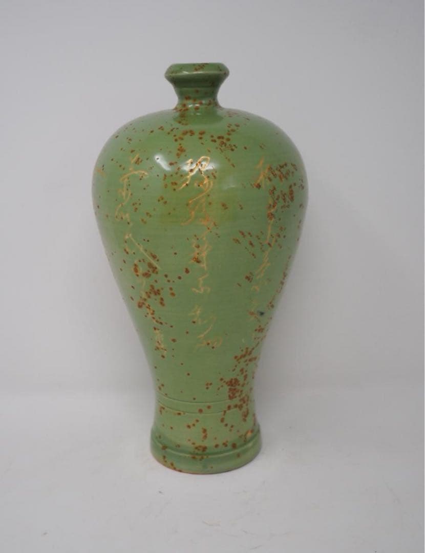 中国 古美術品　壺　貴重　茶道具花瓶　壺　　グリーン　花絵　中陶器