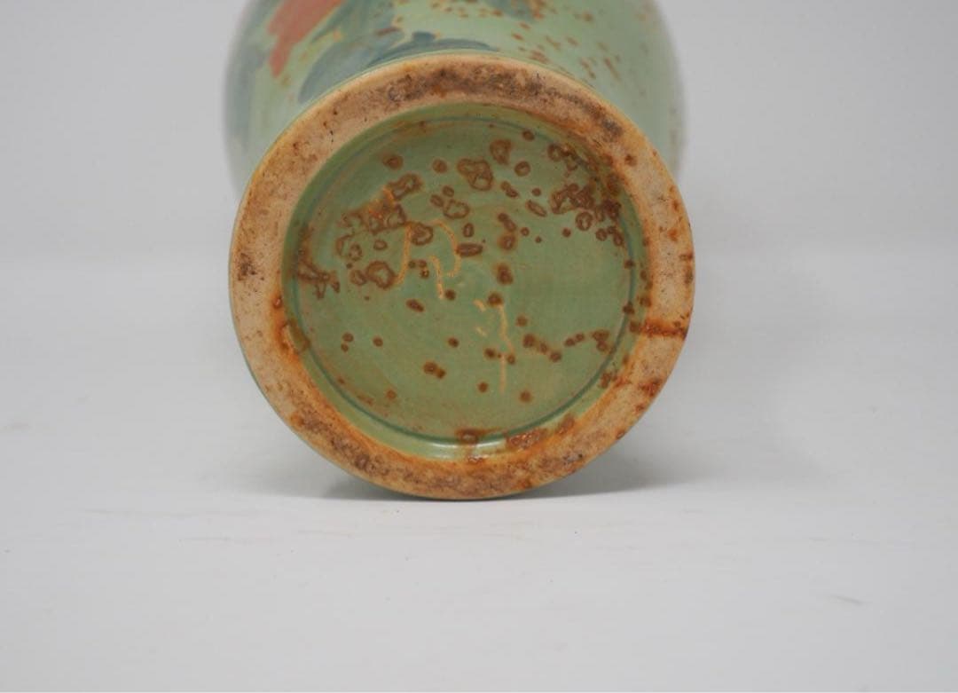 中国 古美術品　壺　貴重　茶道具花瓶　壺　　グリーン　花絵　中陶器