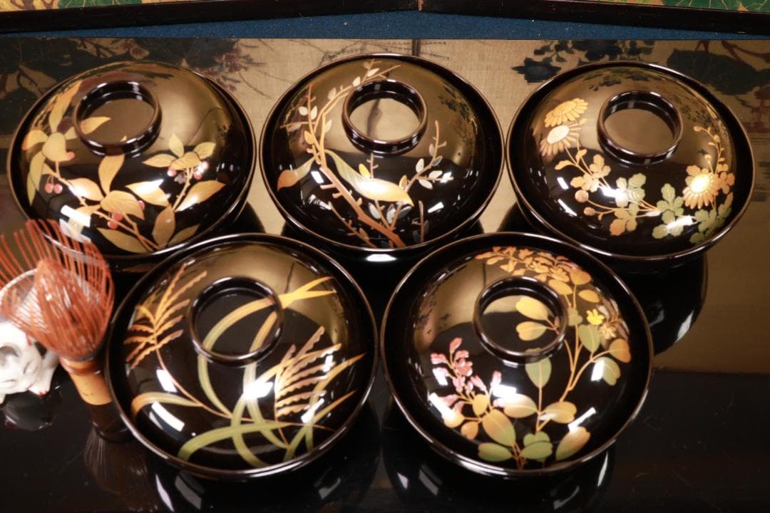 輪島塗　図替わり　草花蒔絵　吸物椀　五客　木製　BJ119