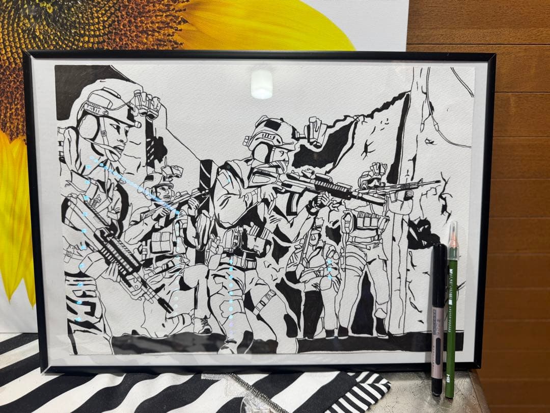 手描き絵　民主主義配達　黒白絵