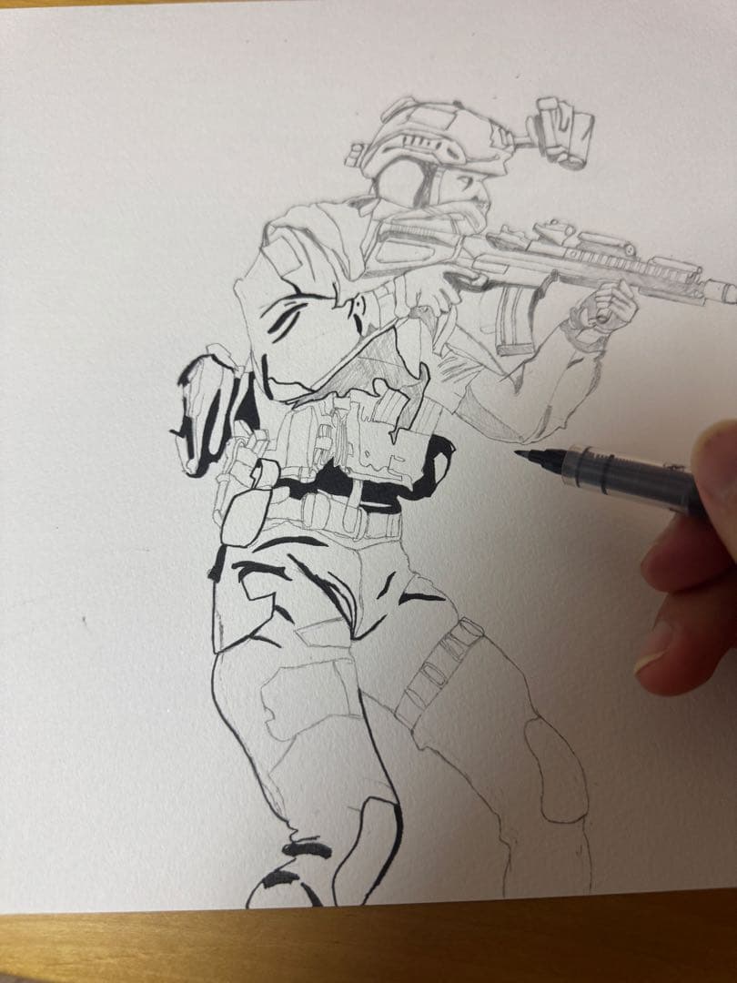 手描き絵　民主主義配達　黒白絵