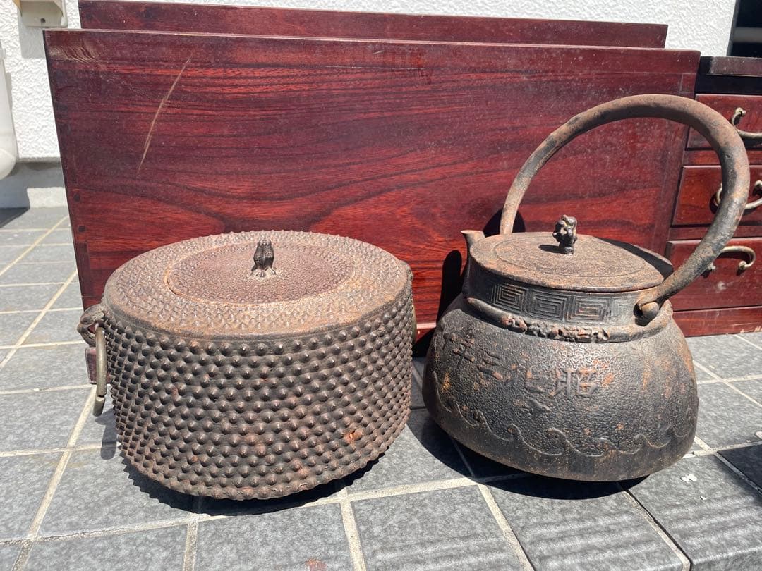 アンティーク　長火鉢　五徳　火箸　鉄瓶　古民具　灰付き　骨董　昭和レトロ　囲炉裏