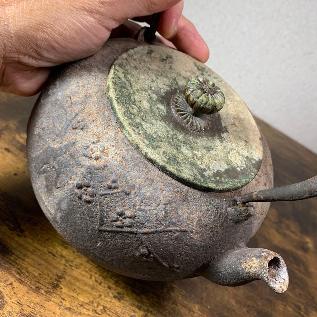 K777⭐︎かなり古い 南部鉄器 梅に鳥 花鳥象嵌 鉄瓶 在銘 江戸期