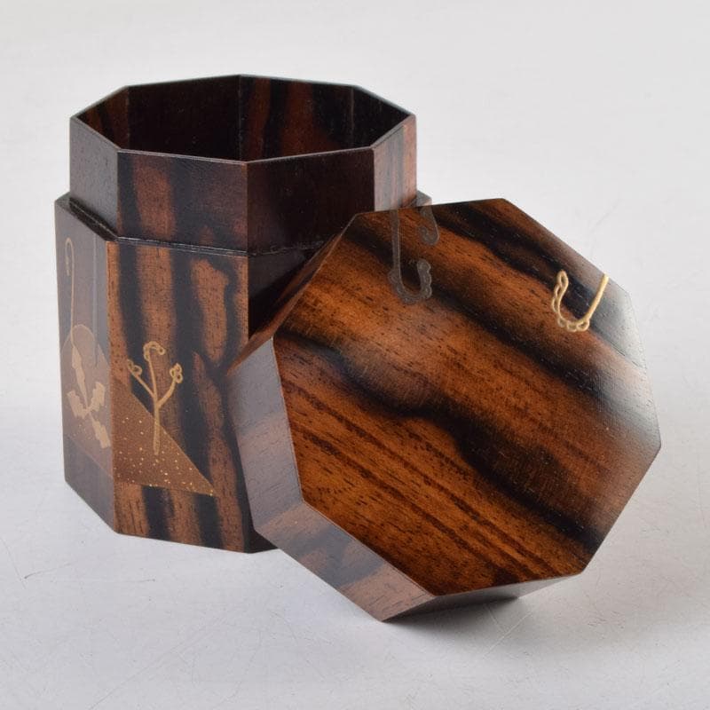 はな　茶道具　山下泰園作　黒柿製　早蕨蒔絵　八角茶器　共箱　V　8560