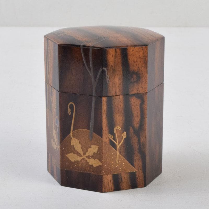 はな　茶道具　山下泰園作　黒柿製　早蕨蒔絵　八角茶器　共箱　V　8560