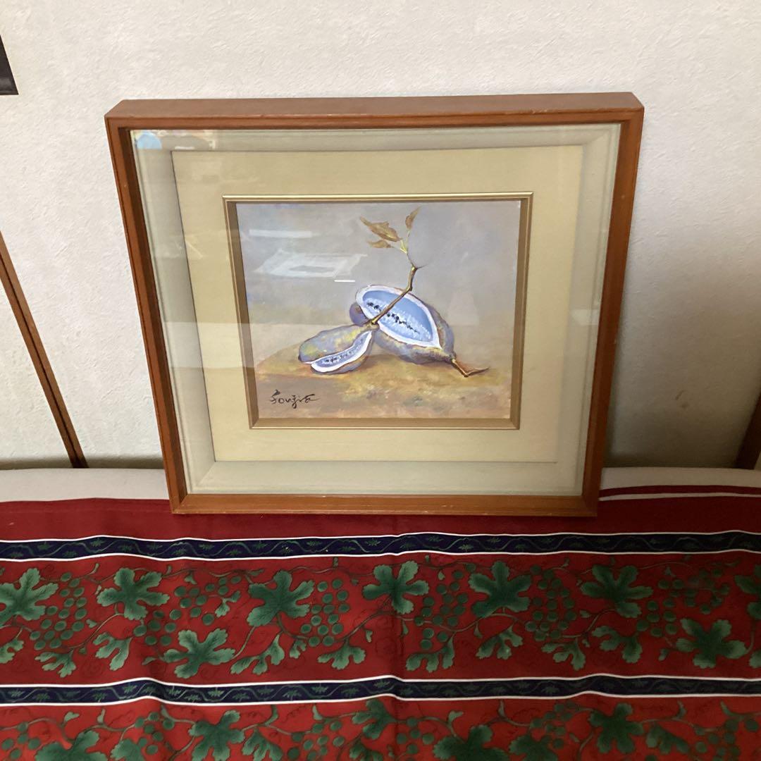 藤田嗣治在銘油彩画　色紙絵【　アケビ図　】　サイン有り額装前面ガラス仕様　即決品