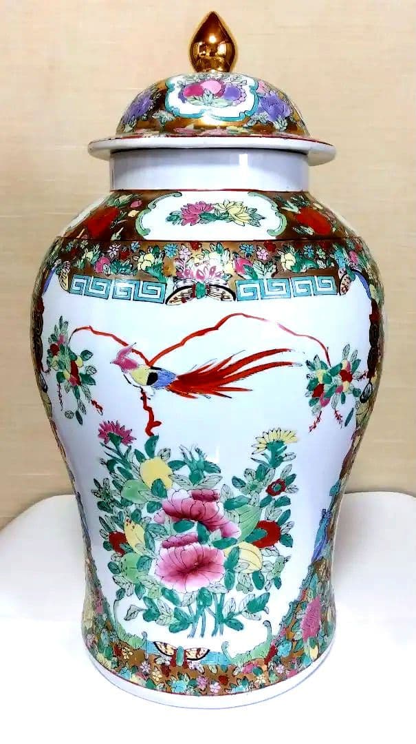 蓋付 飾り壺 宮廷人物図 花鳥図 陶器