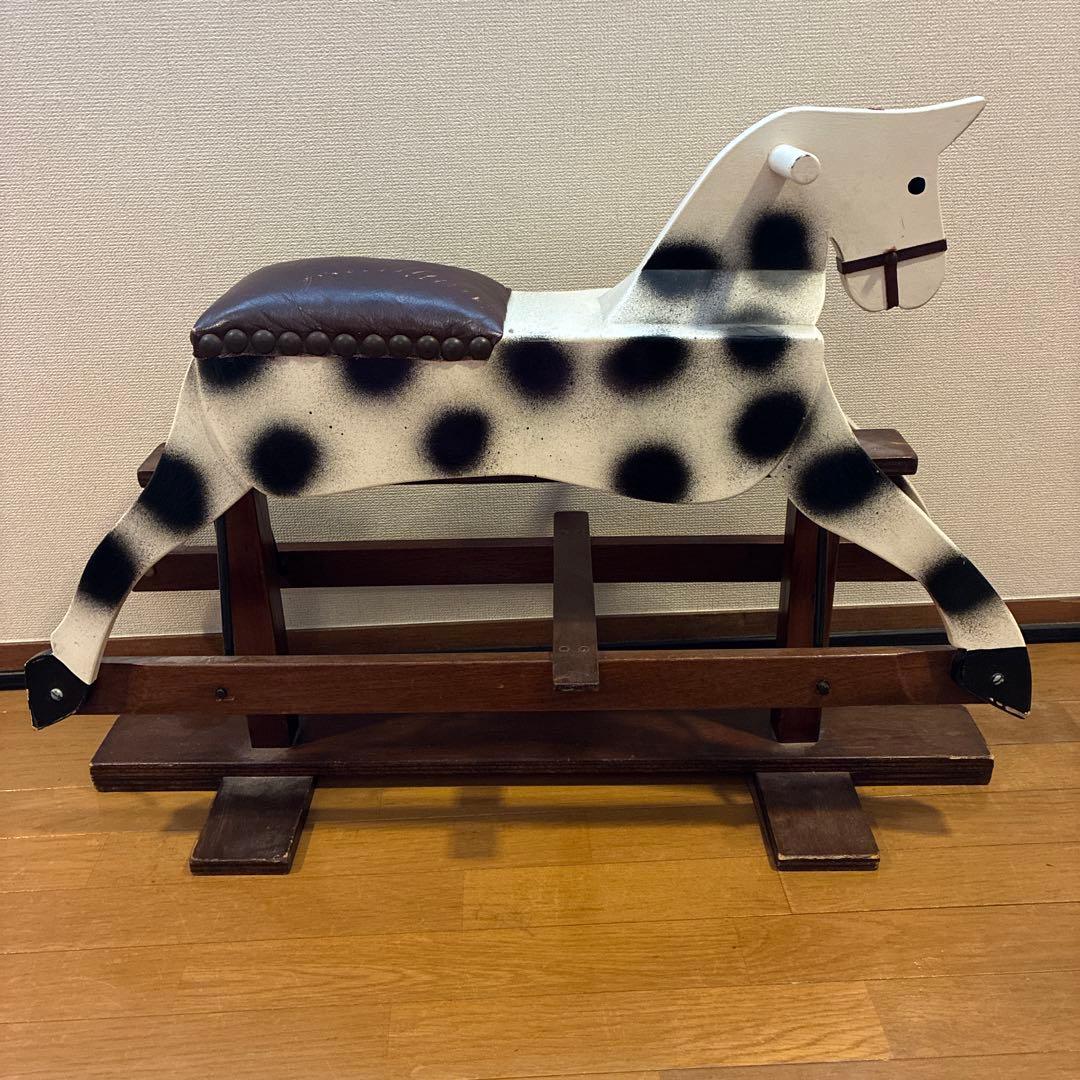 英国製　アンティーク 木製ロッキングホース 白黒水玉