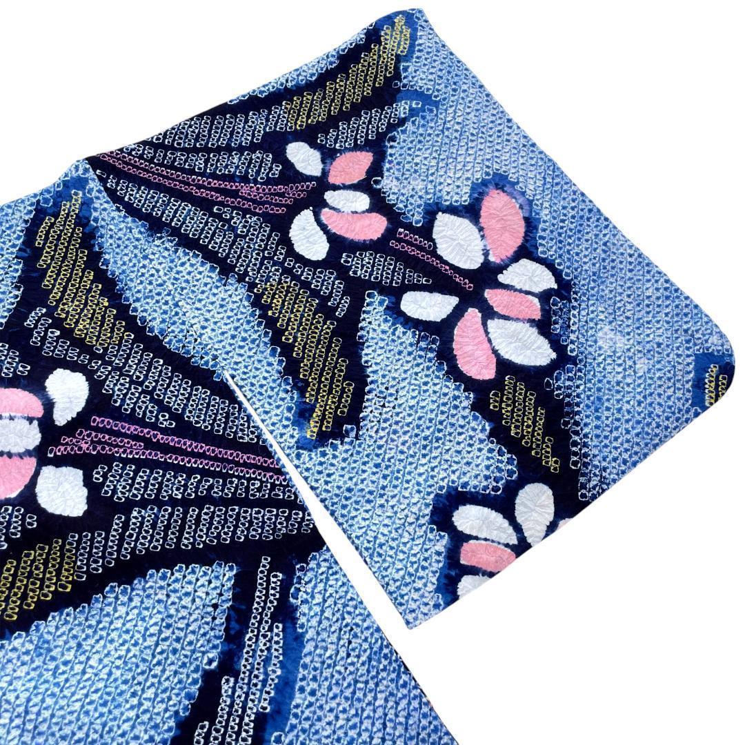 有松鳴海絞り 夏着物 浴衣 綿 菖蒲 水色 手縫い ビンテージ A-2390