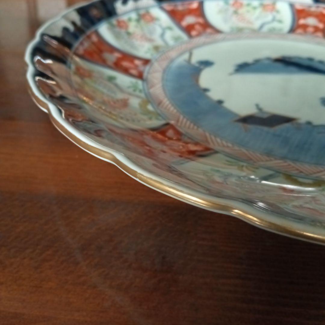 高級 色鍋島焼 瀬兵窯 肥前伊万里 藤花山水絵 飾り皿 金彩 直径約33cm