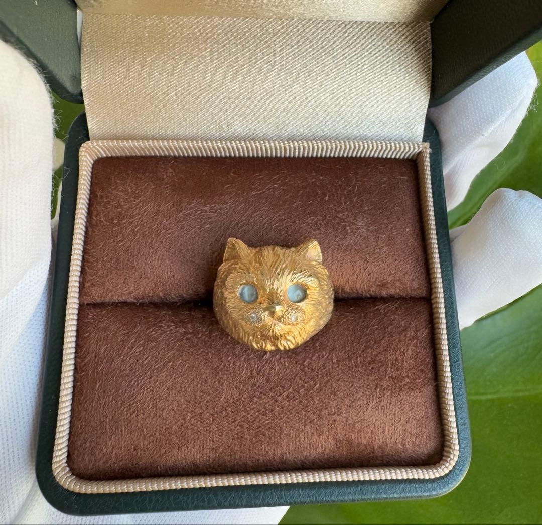 K18 キャットモチーフリング　ダイヤモンド　クリソベリルキャッツアイ　約6g