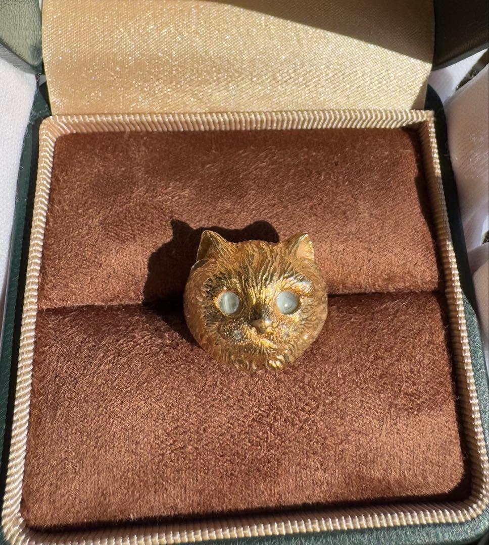 K18 キャットモチーフリング　ダイヤモンド　クリソベリルキャッツアイ　約6g