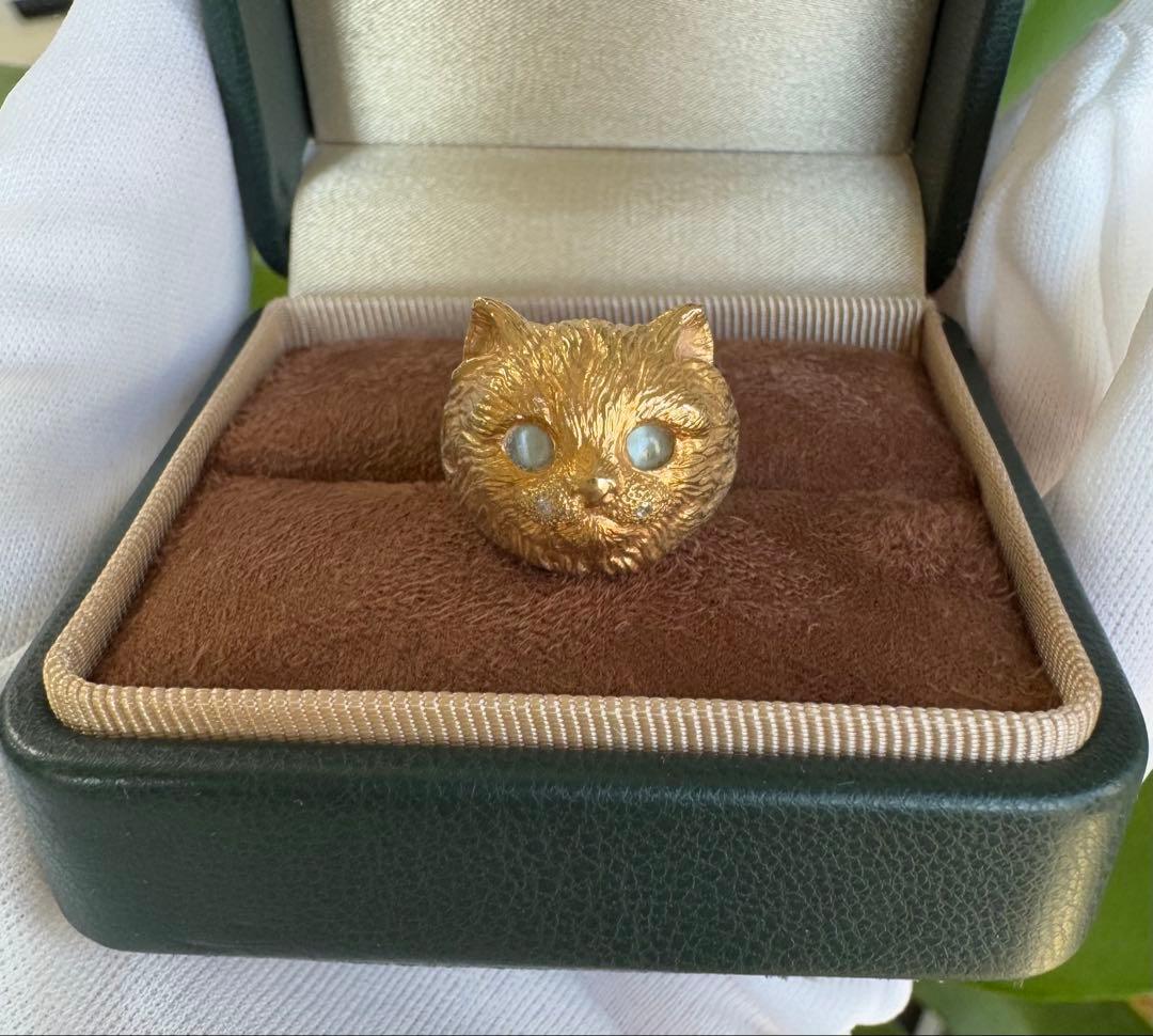 K18 キャットモチーフリング　ダイヤモンド　クリソベリルキャッツアイ　約6g