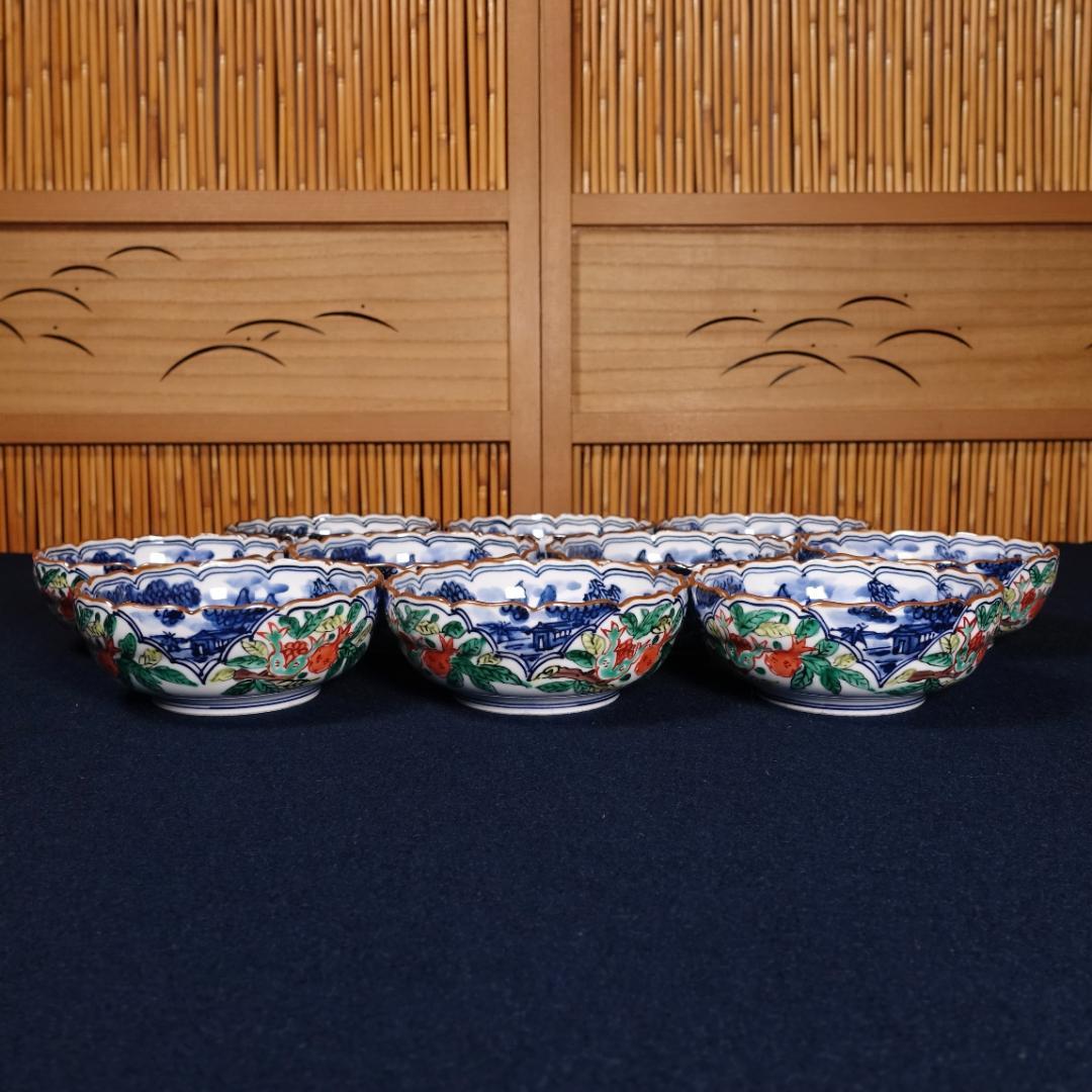 京焼名工 馬場京泉 染付色絵 柘榴に山水風景文 向付 10客