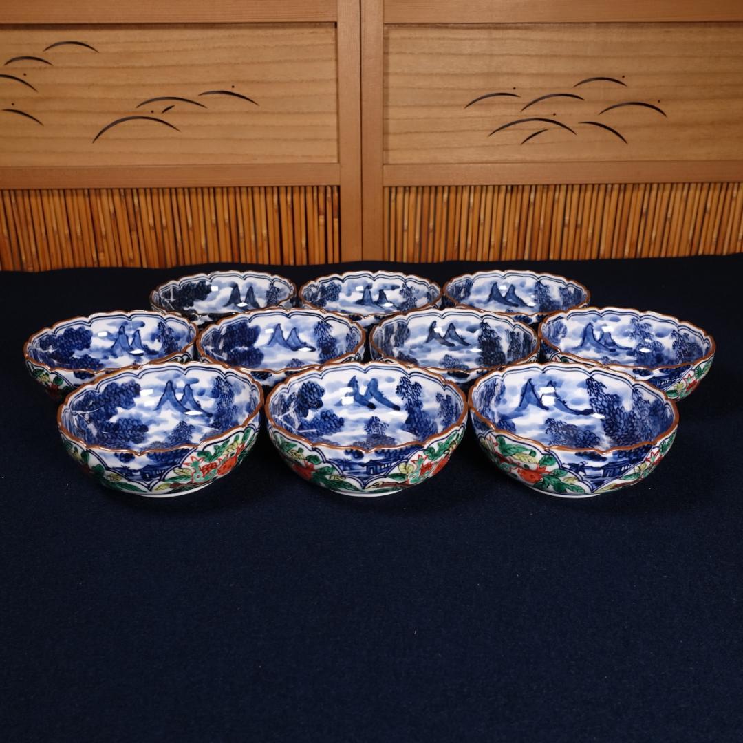 京焼名工 馬場京泉 染付色絵 柘榴に山水風景文 向付 10客