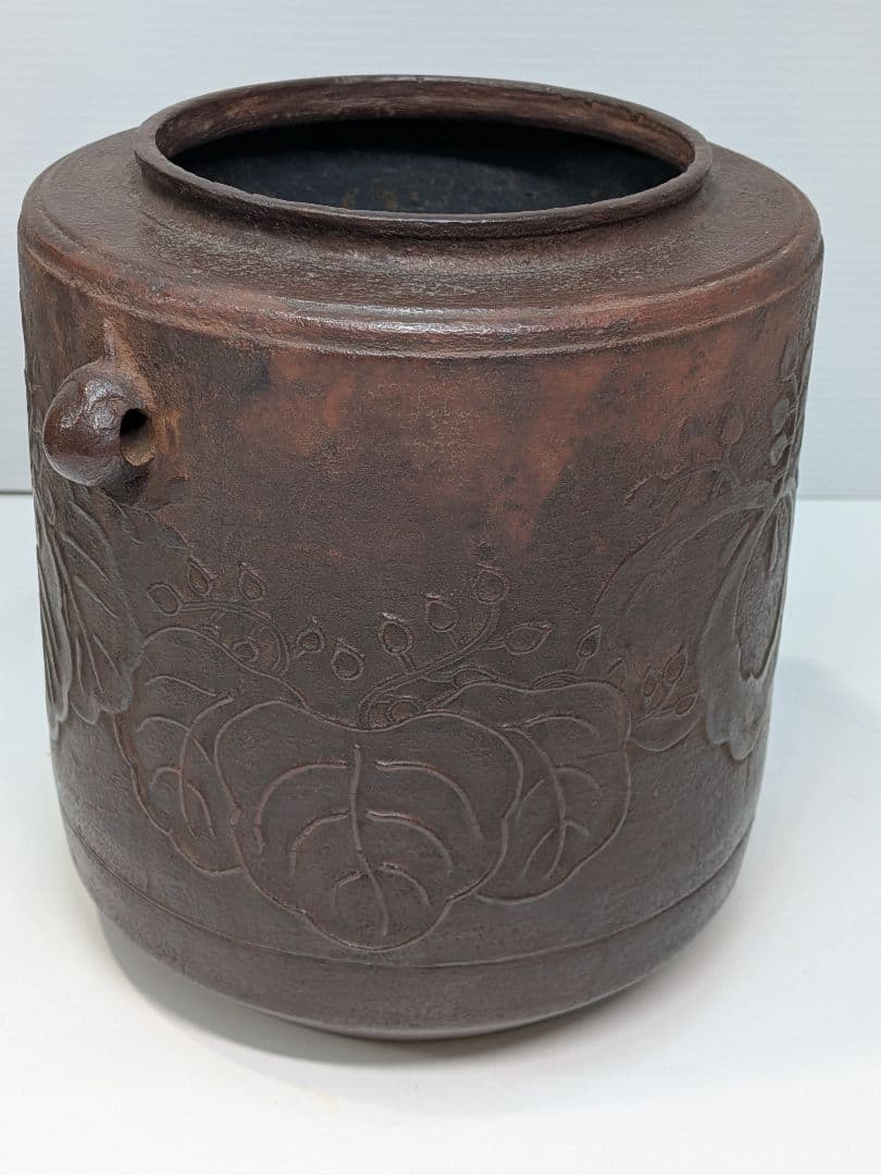 P973 釜師 平松宗信 東陽坊釜 桐地紋 茶道具 共箱 釜鐶 象嵌 筒釜