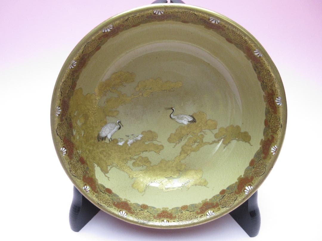 時代 九谷 雪花 金彩 鶴紋 茶碗 検) 明治期 大正期 昭和期 70916