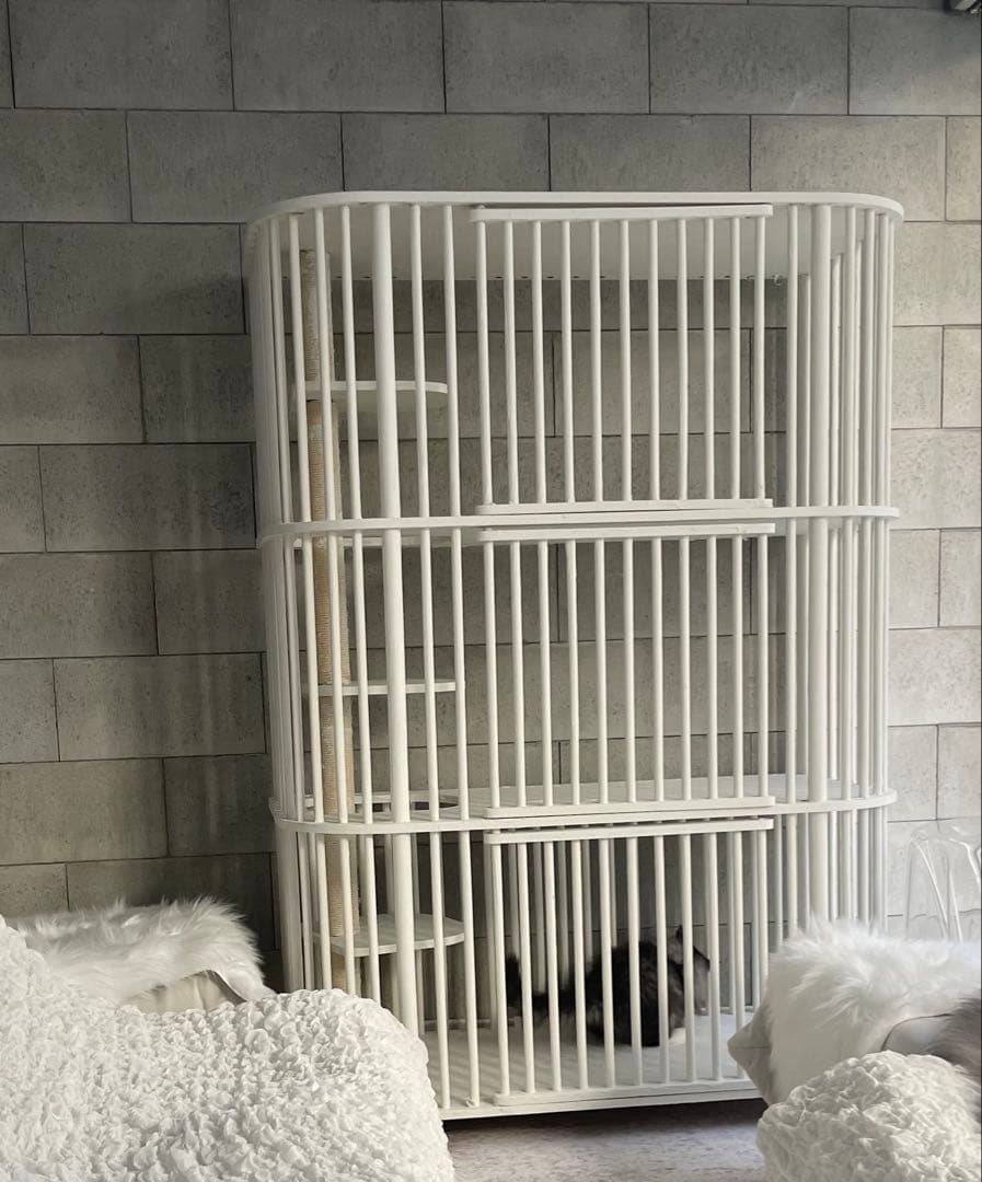 3段キャットケージ大型　白　お洒落　猫　ケージ　木製アンティーク風ペットケージ