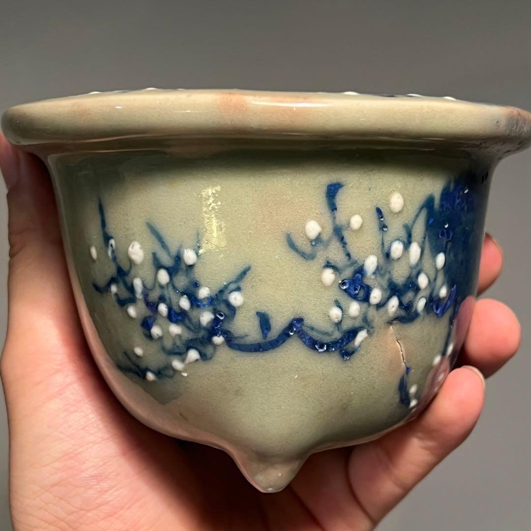 804.尾張焼 瀨戶 青瓷染付丸鉢 盆栽鉢 植木鉢 12.5*8.5cm