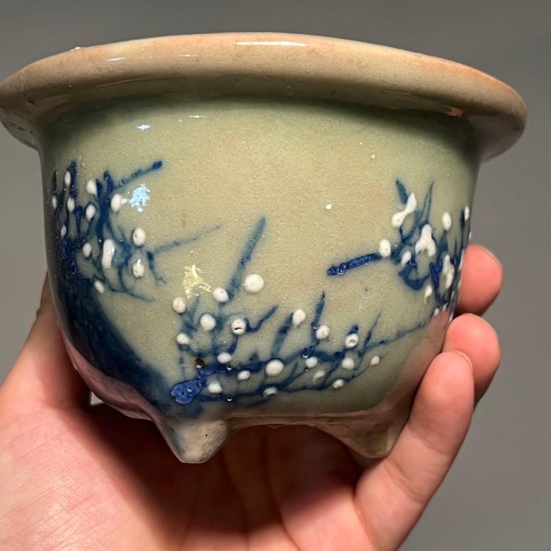 804.尾張焼 瀨戶 青瓷染付丸鉢 盆栽鉢 植木鉢 12.5*8.5cm