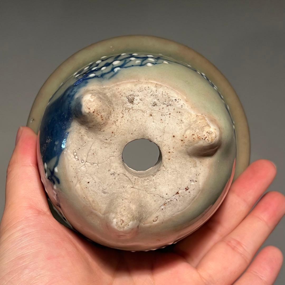 804.尾張焼 瀨戶 青瓷染付丸鉢 盆栽鉢 植木鉢 12.5*8.5cm