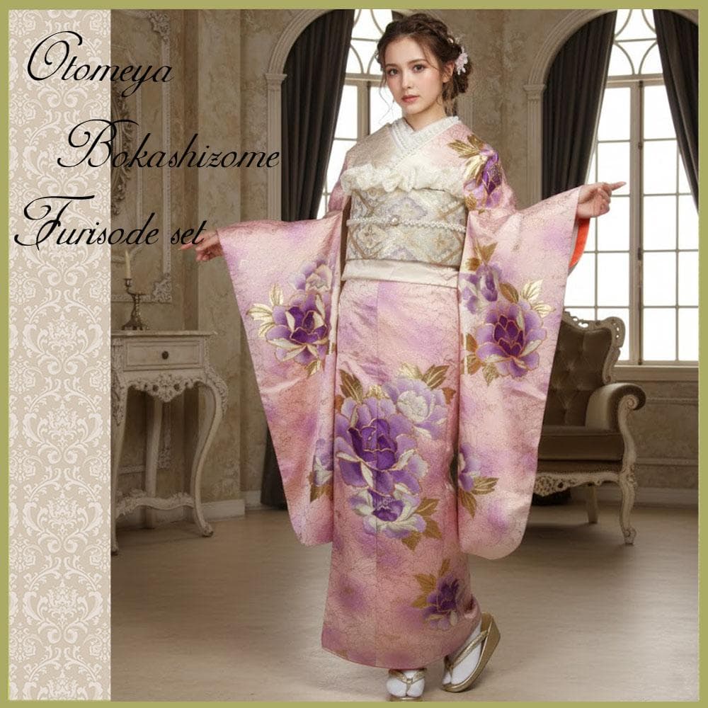 ぷっくり手刺繍の大輪牡丹　振袖フルセット　ｍ43　成人式