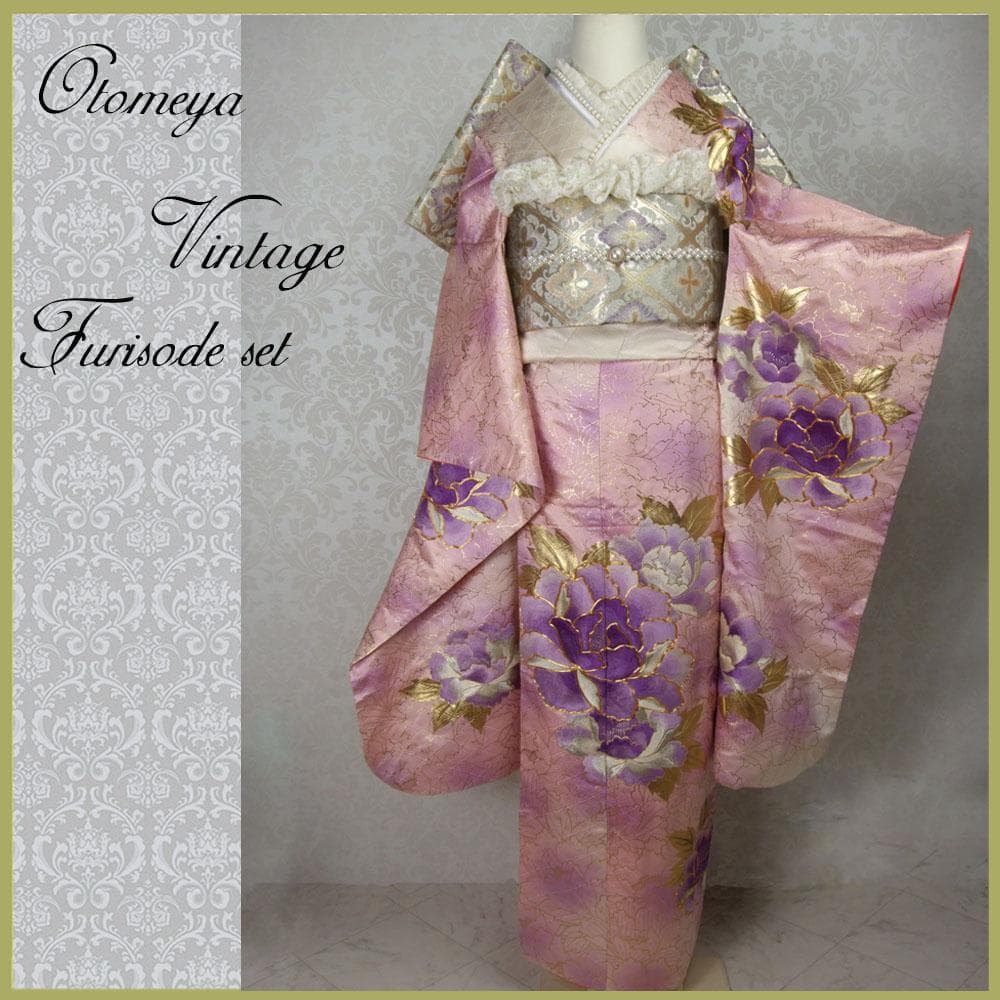 ぷっくり手刺繍の大輪牡丹　振袖フルセット　ｍ43　成人式