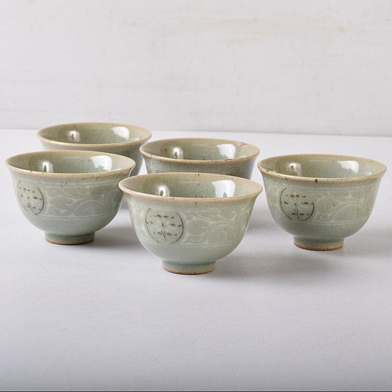 韓国人間文化財　柳海剛（柳根瀅）作　高麗青磁　煎茶碗　五客　共箱　V　R8497