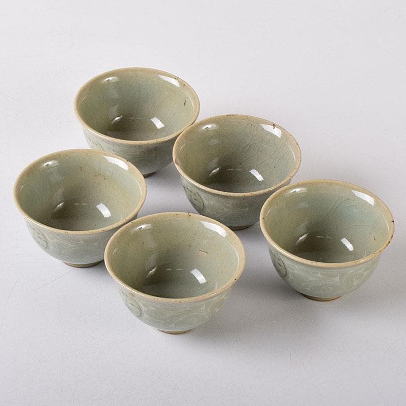 韓国人間文化財　柳海剛（柳根瀅）作　高麗青磁　煎茶碗　五客　共箱　V　R8497