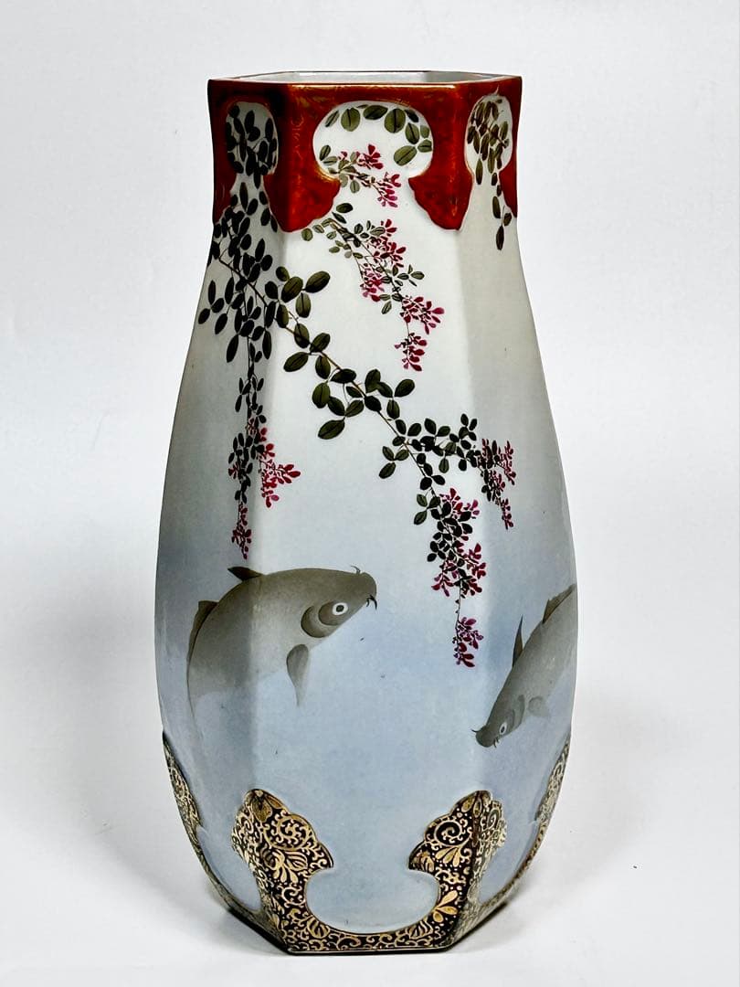 明治 名古屋絵付け 鯉文六角花瓶 松村九助 森村組