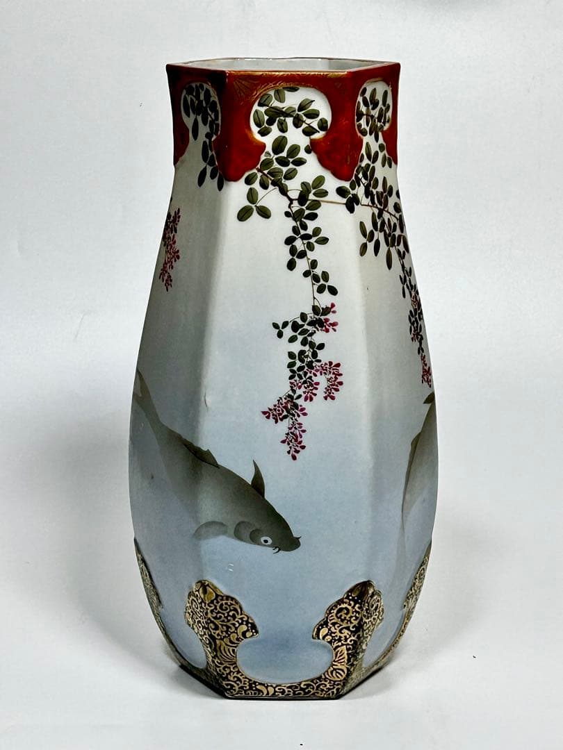 明治 名古屋絵付け 鯉文六角花瓶 松村九助 森村組