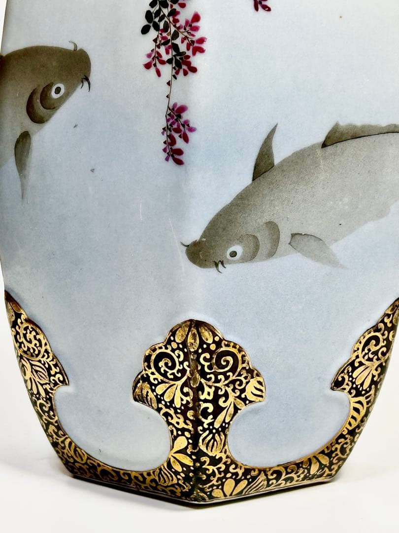 明治 名古屋絵付け 鯉文六角花瓶 松村九助 森村組