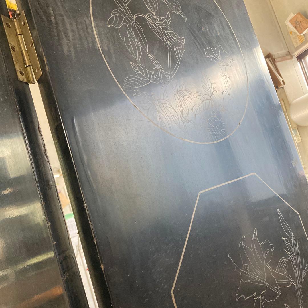 ひ*貨様 高級 天水中国 飛天漆器 螺鈿彫刻 屏風 天然木 4枚 パーテーション