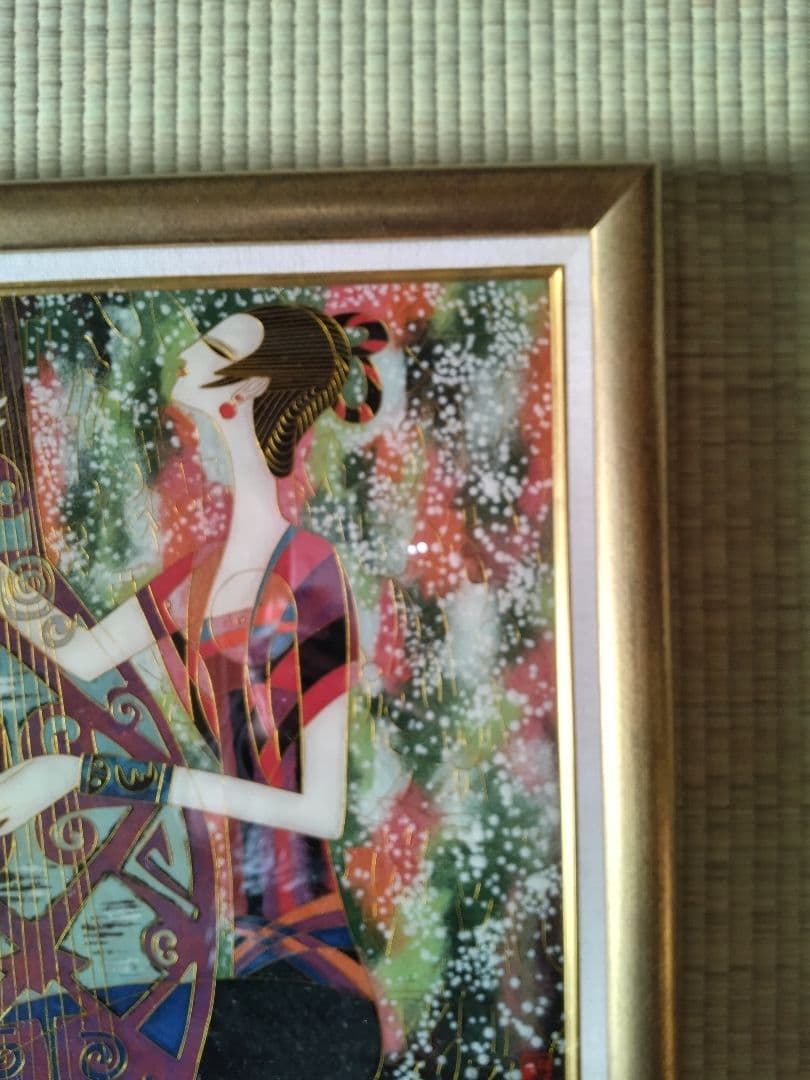 版画 『女性と楽器の抽象画』金線 七宝焼き（額縁付）▪送料無料