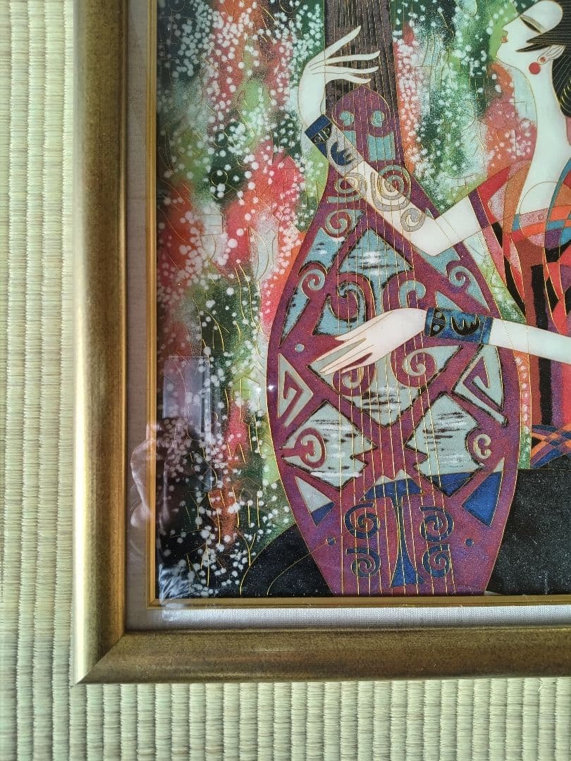 版画 『女性と楽器の抽象画』金線 七宝焼き（額縁付）▪送料無料