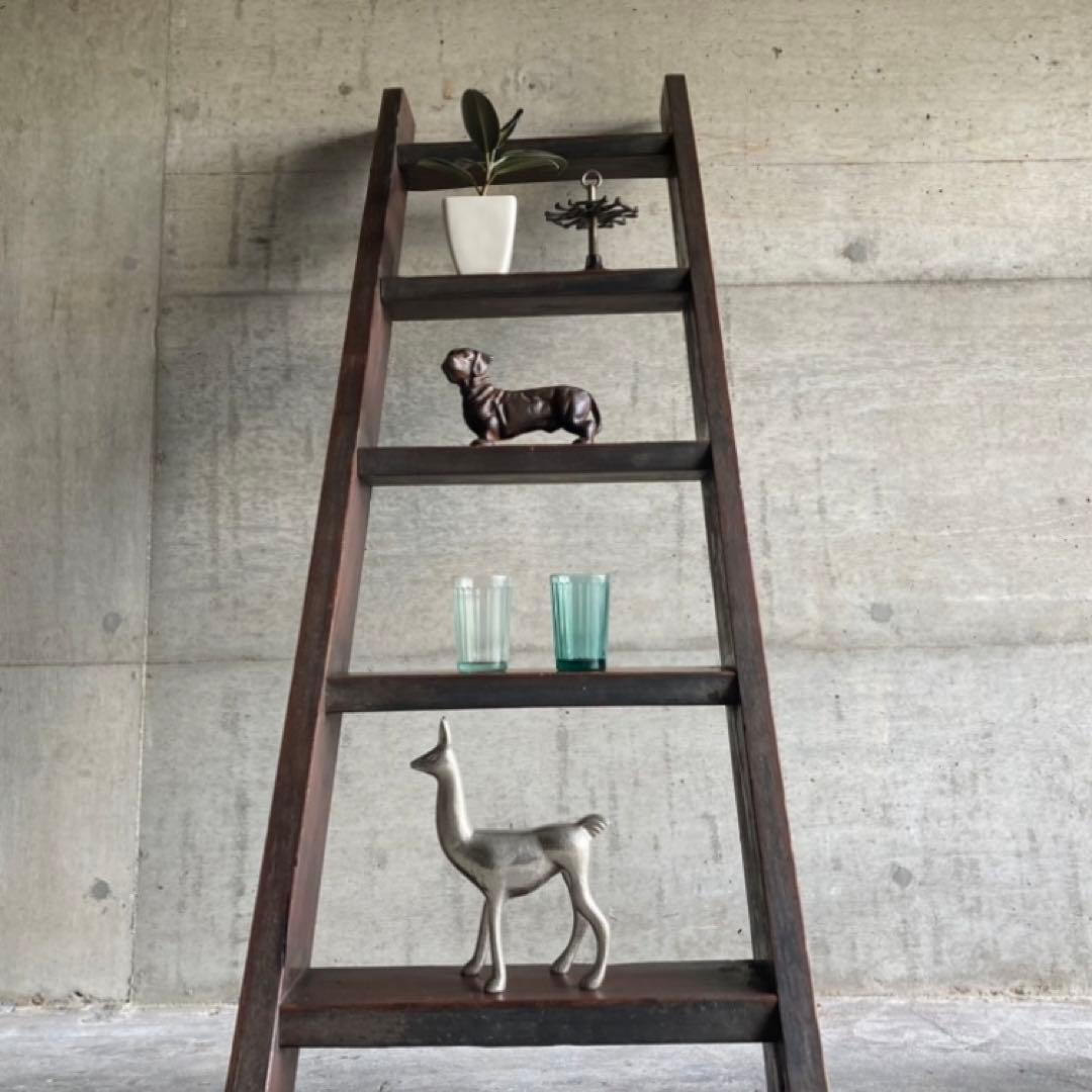 古い味のある梯子 はしご 階段 大型 棚 台 ラック 5段 木製 古民家 レトロ