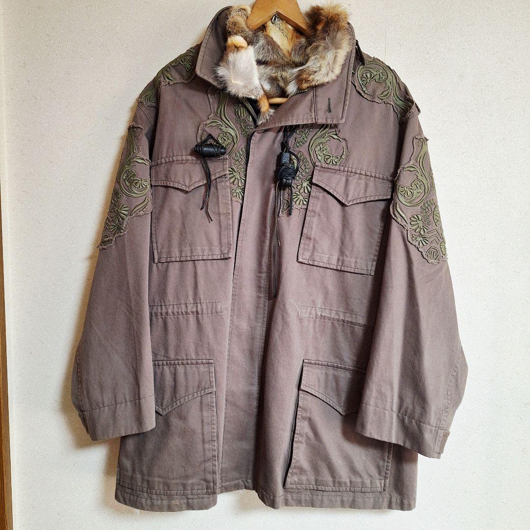 フィリッププレイン 裏地マルチカラ ーラビットファー付 スカル刺繍 ハーフコート