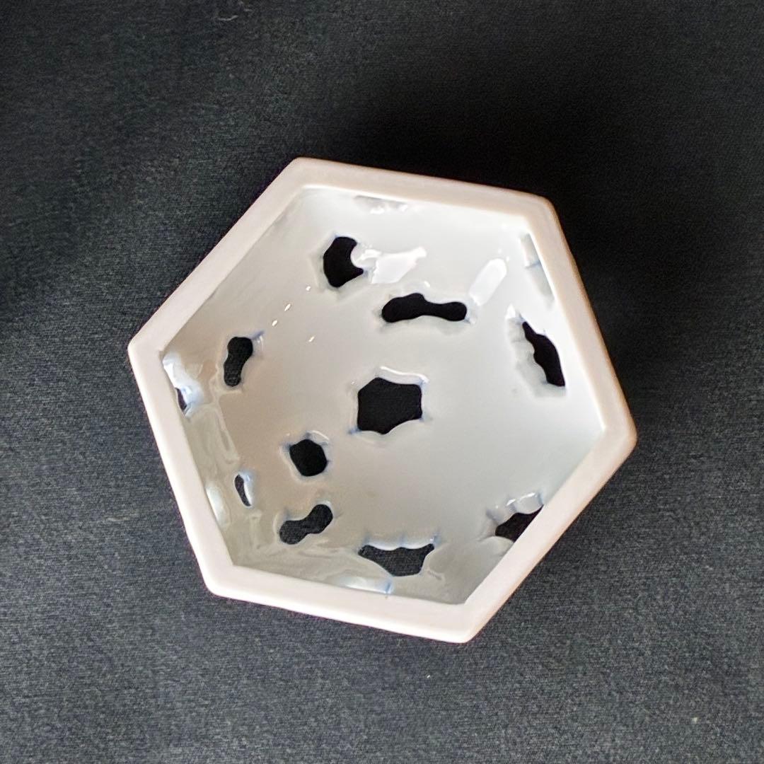 宮内庁御用達　深川製磁　雲地紋染付山水　六角香炉　共箱有　香道　茶道　未使用