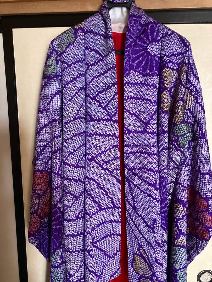 紫絞りの正絹振袖、レトロ、