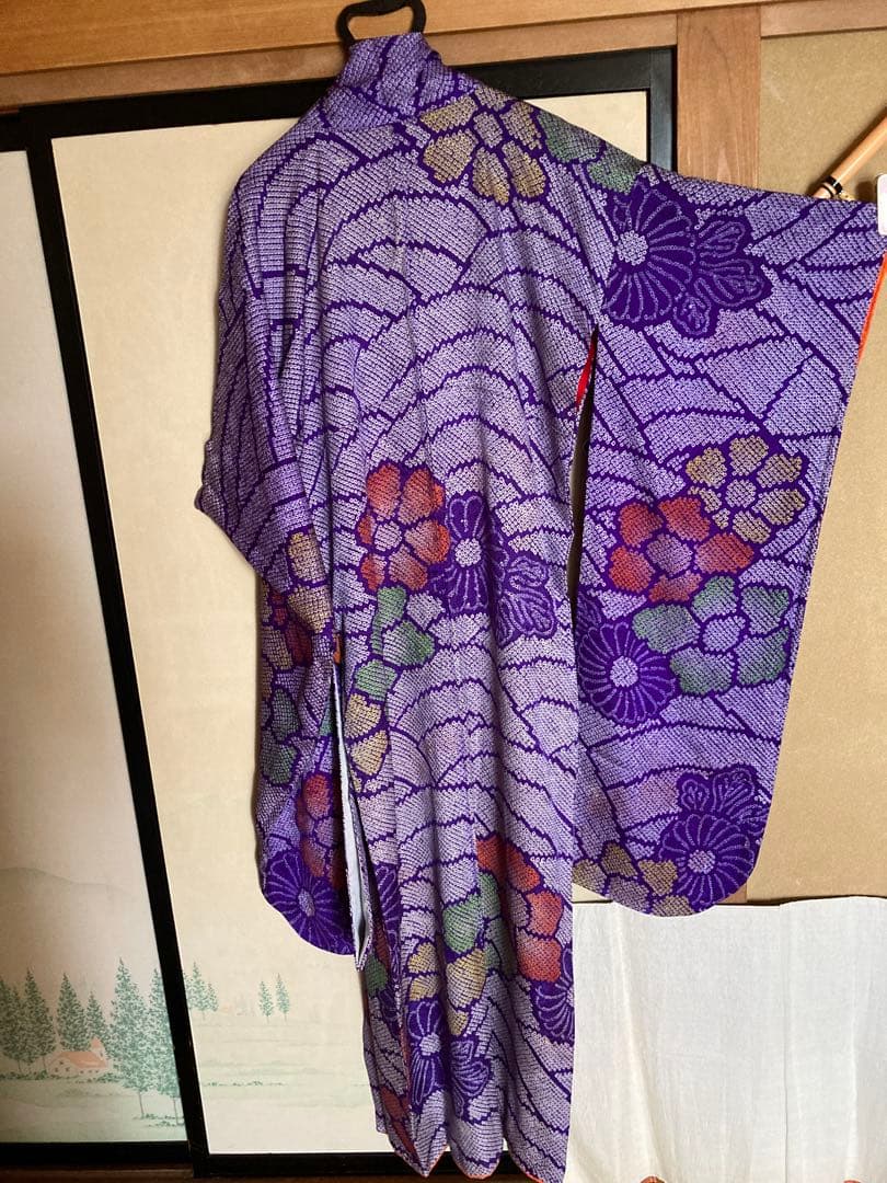 紫絞りの正絹振袖、レトロ、