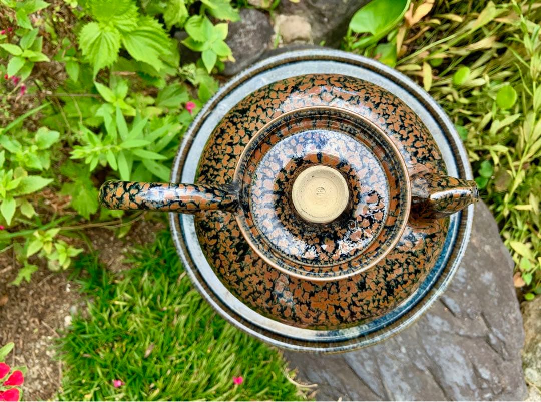 京都• 鎌田幸二　陶器製 水差しのハンドル　黒と茶色の模様 侘び寂び　茶道