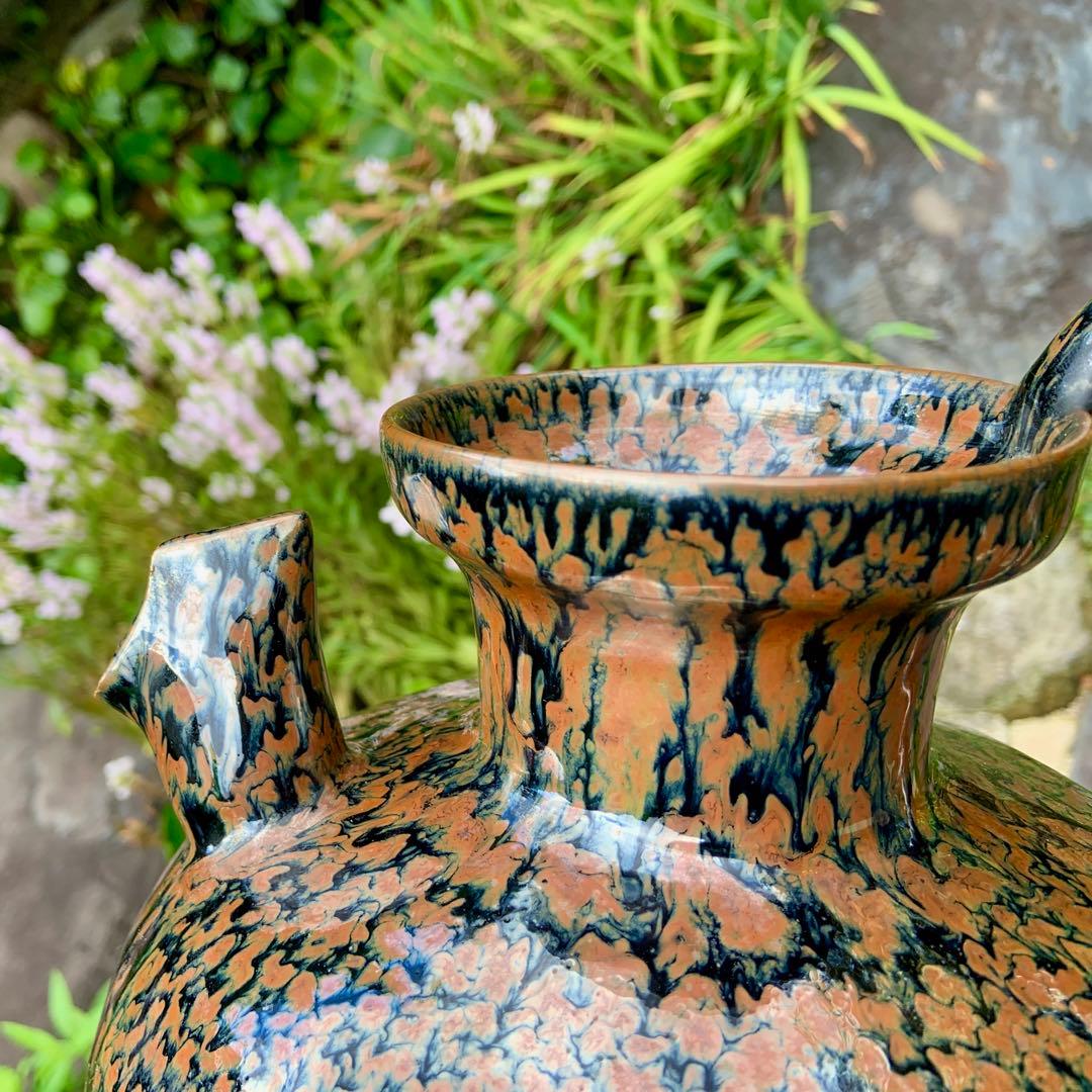 京都• 鎌田幸二　陶器製 水差しのハンドル　黒と茶色の模様 侘び寂び　茶道